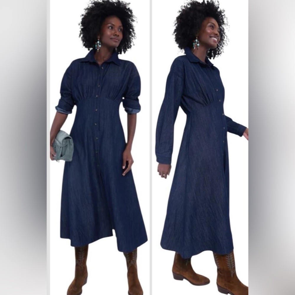 TUCKERNUCK Denim Allyson Long Sleeve Dress Ruching Button Front Dark Wash Sz S